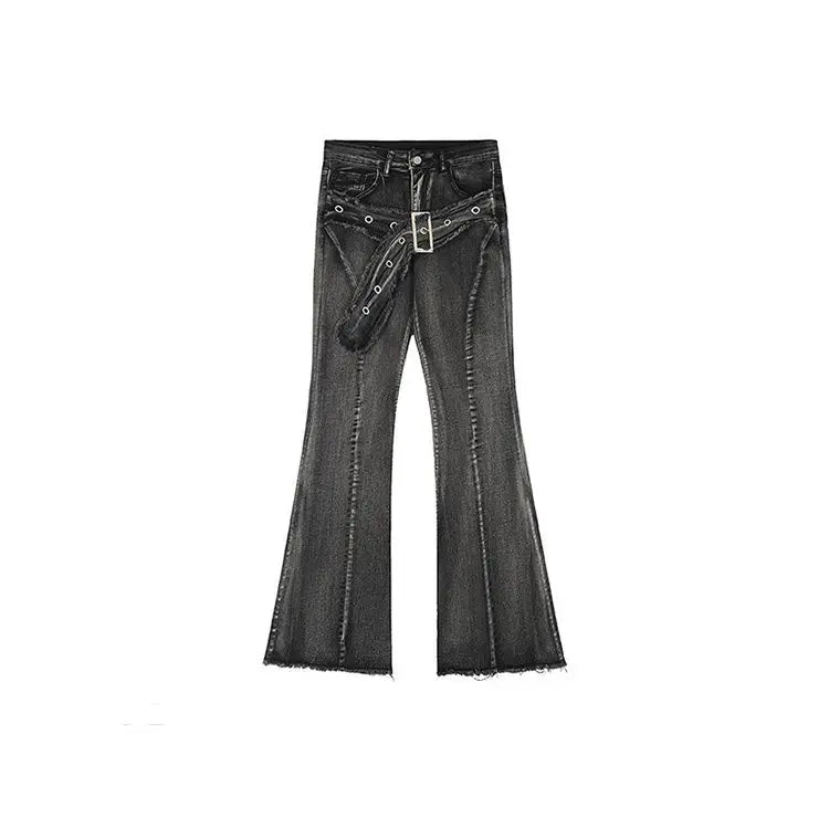 UNIKCOSA’s Retro Micro-Flare Jeans — Slim Straight Pants with Belt & Bristled Detail