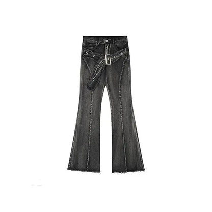 UNIKCOSA’s Retro Micro-Flare Jeans — Slim Straight Pants with Belt & Bristled Detail