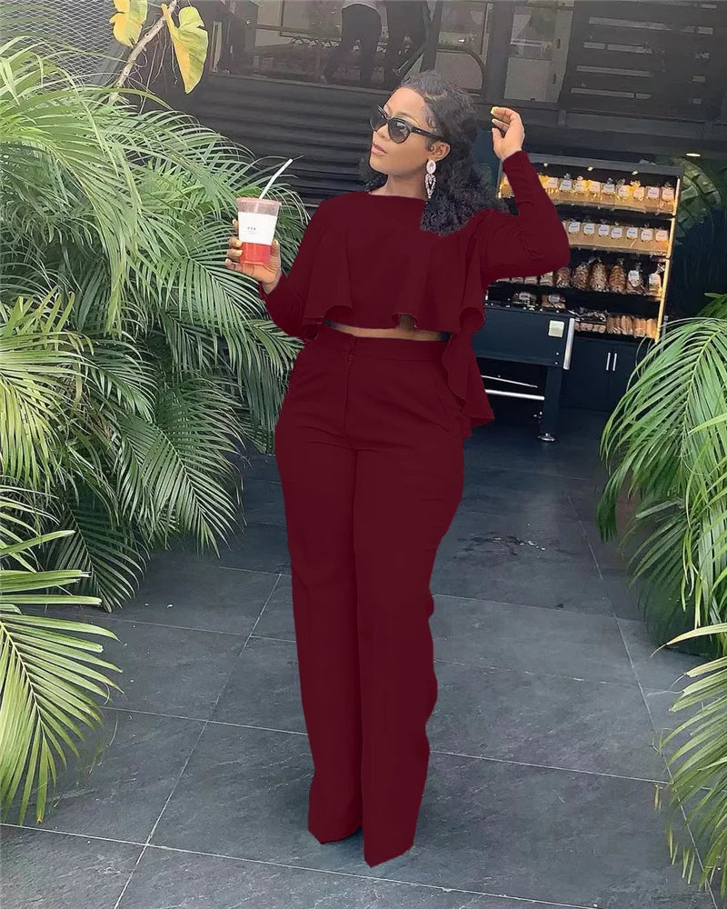 UNIKCOSA’s Elegant Ruffle 2-Piece Set — Crop Top + Wide-Leg Pants Fall Outfit