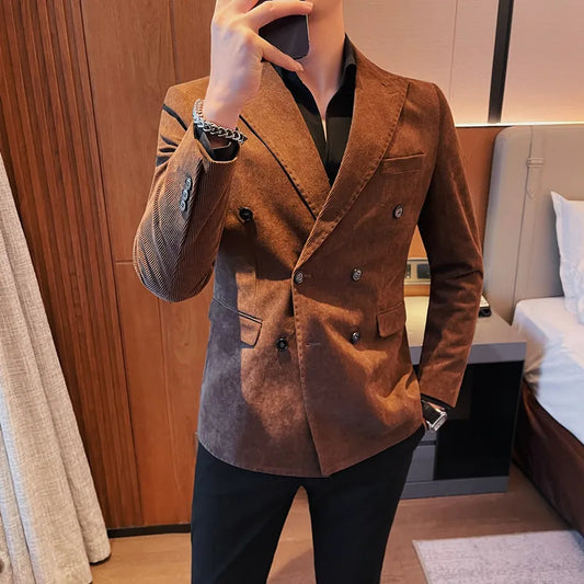 UNIKCOSA Men’s Double-Breasted Corduroy Blazer – Slim Fit Striped Suit Jacket (M–4XL)