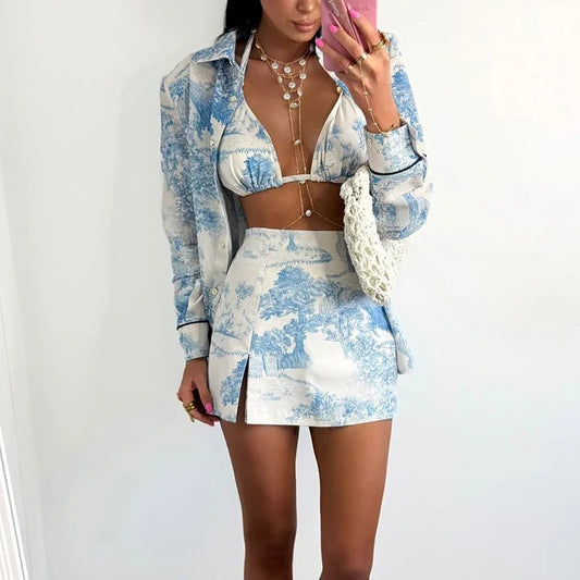 UNIKCOSA Women’s 3-Piece Printed Coord Set – Bra Top, Shirt & Divided Skirt Suit (Summer 2025 Edition)