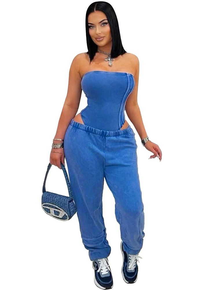 UNIKCOSA’s 2025 Strapless Tracksuit Set — Cotton Washed Bodysuit + Jogger Pants