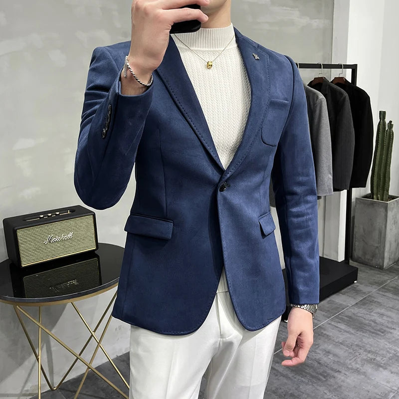UNIKCOSA Men’s Suede Blazer – Slim Fit One-Button Plain Color Suit Jacket (6 Colors)