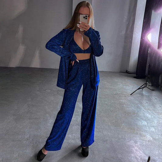 UNIKCOSA Women’s Sequin 3-Piece Club Set – Blazer, Crop Top & Wide-Leg Pants Outfit (Sexy Party 2025 Edition)