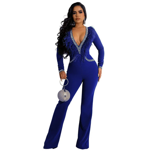 UNIKCOSA Women’s V-Neck Jumpsuit – Solid Color Long Sleeve Straight-Leg One-Piece Romper ( Work & Casual Edition)