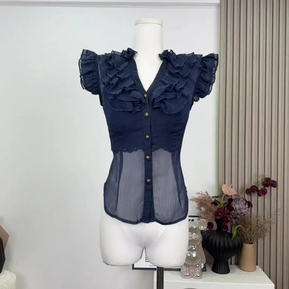 UNIKCOSA’s 2025 French Vintage Ruffle Blouse — Sleeveless V-Neck Coquette Chic