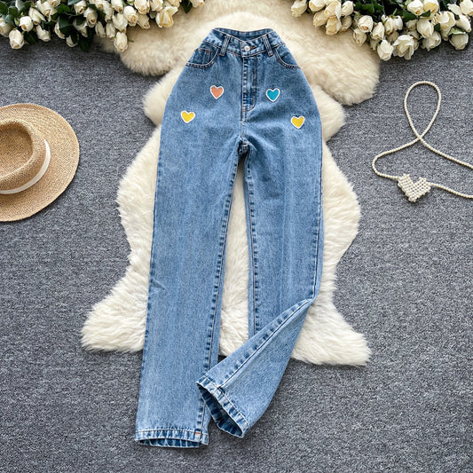 Autumn Embroidery Casual Long Jeans Women Print Embroidered High Waist Denim Pants Girls Outdoor Pants Wholesale