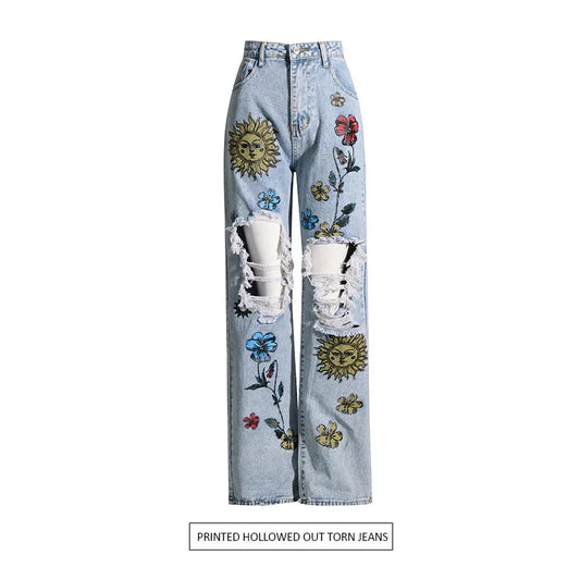 UNIKCOSA Women’s Vintage Washed Jeans – High-Waist Straight Denim with Hollow-Out Sun & Flower Print Design
