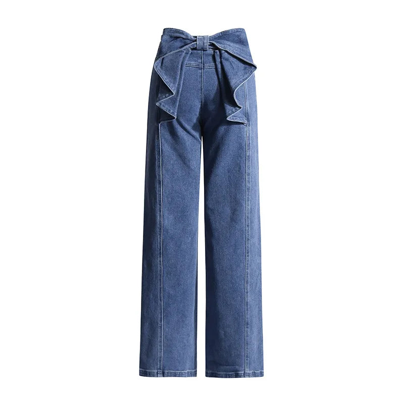 UNIKCOSA Women’s Vintage Patchwork Jeans – High-Waist Straight-Leg Denim with Bowknot & Spliced Pocket Detail