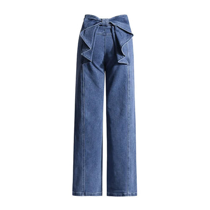 UNIKCOSA Women’s Vintage Patchwork Jeans – High-Waist Straight-Leg Denim with Bowknot & Spliced Pocket Detail