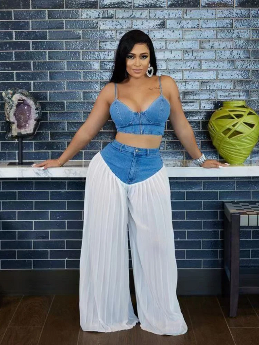 UNIKCOSA’s Denim & Chiffon Fusion Set — Halter V-Neck Top + Pleated Wide-Leg Pants