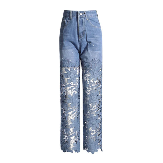 UNIKCOSA Women’s Hollow-Out Lace Denim Pants – High-Waist Stretch Straight Baggy Jeans (Designer Deconstruction Edition)
