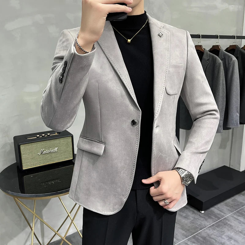 UNIKCOSA Men’s Suede Blazer – Slim Fit One-Button Plain Color Suit Jacket (6 Colors)