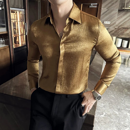 UNIKCOSA Men’s Glossy Luxury Shirt – Slim Fit Anti-Wrinkle Long Sleeve Tuxedo Style