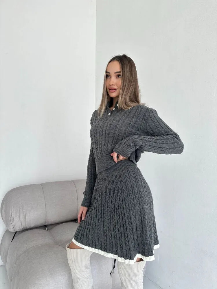 UNIKCOSA Velora Knitted Skirt Set Long Sleeve Short Skirt 💫