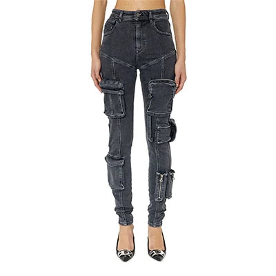 UNIKCOSA Women’s Cargo Jeans – Modern Washed Denim Overalls with Multi-Pockets & Low-Rise Fit (Trendy Streetwear Edition)