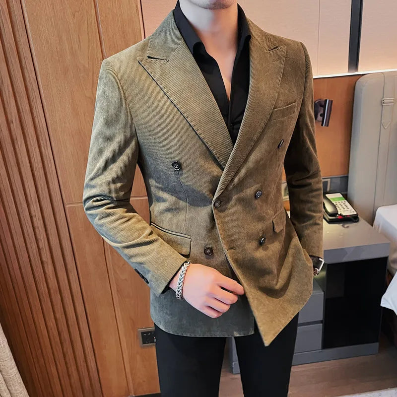 UNIKCOSA Men’s Double-Breasted Corduroy Blazer – Slim Fit Striped Suit Jacket (M–4XL)