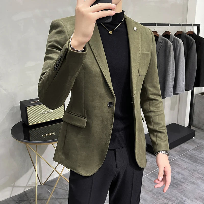 UNIKCOSA Men’s Suede Blazer – Slim Fit One-Button Plain Color Suit Jacket (6 Colors)