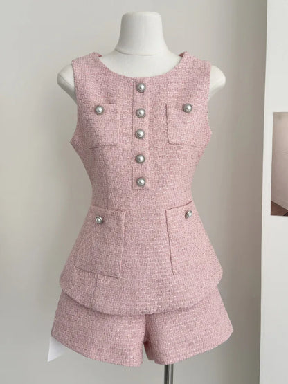 UNIKCOSA’s French Tweed 2-Piece Set — Sleeveless Vest Top + High-Waist Shorts