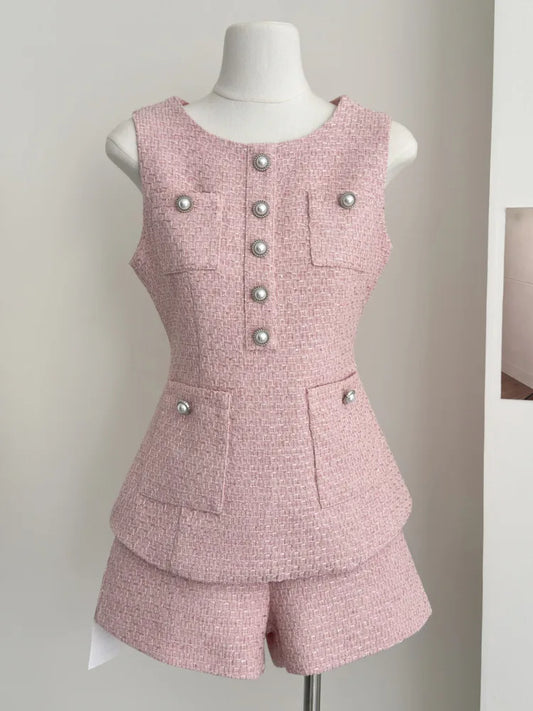 UNIKCOSA’s French Tweed 2-Piece Set — Sleeveless Vest Top + High-Waist Shorts