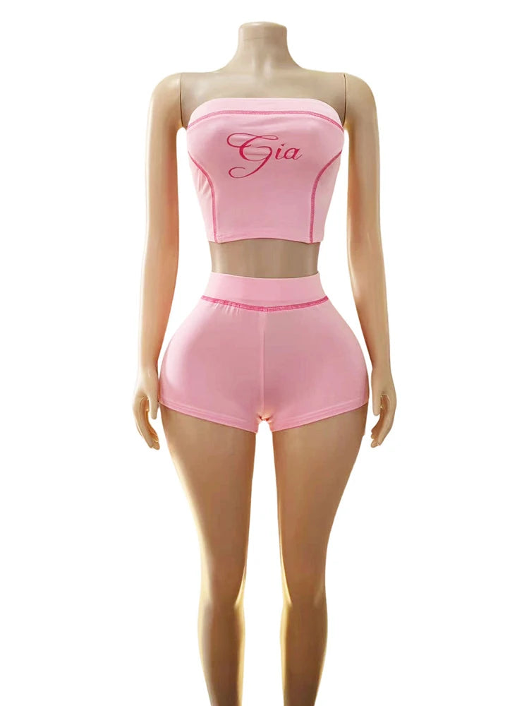 UNIKCOSA’s Bold Letter Print 2-Piece Set — Strapless Tube Top + Stretch Shorts