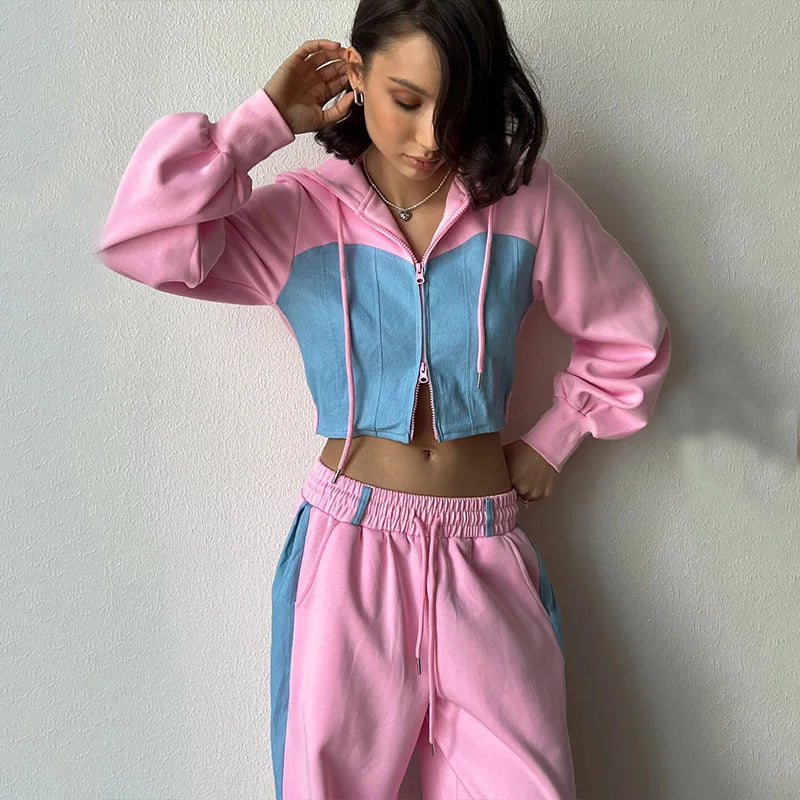 UNIKCOSA Women’s Hooded Tracksuit Set – Slim Zip-Up Crop Hoodie & Lace-Up Wide-Leg Pants (RedPeony Autumn 2024 Edition)