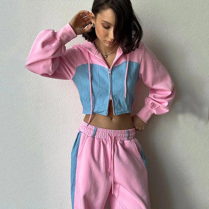 UNIKCOSA Women’s Hooded Tracksuit Set – Slim Zip-Up Crop Hoodie & Lace-Up Wide-Leg Pants (RedPeony Autumn 2024 Edition)