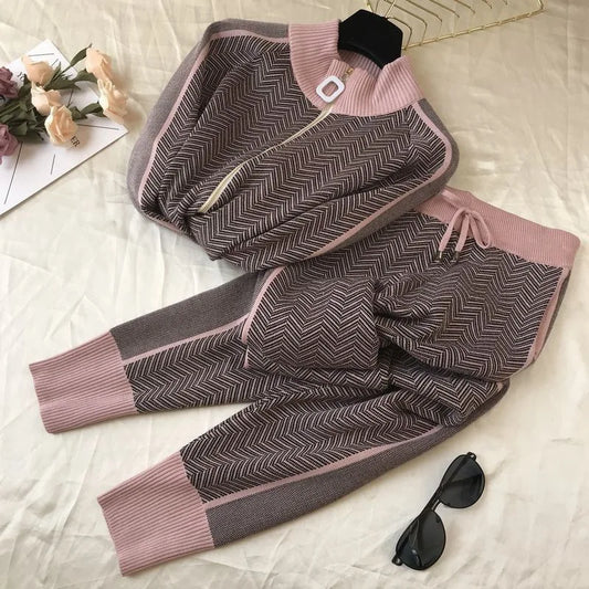 UNIKCOSA Women’s Knitted 2-Piece Festival Set – Printed 3D Tracksuit with Stand Collar & Ankle Pants