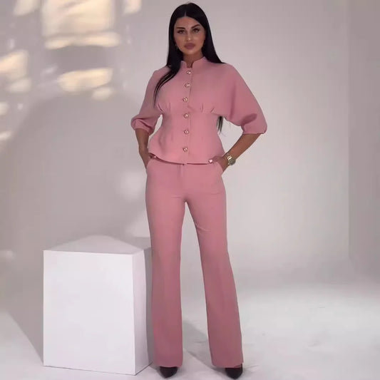 UNIKCOSA Women’s Autumn Set – 2025 Stand Collar Long-Sleeve Shirt & Elegant Pants Two-Piece (Boutique Edition)