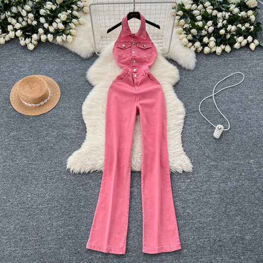 UNIKCOSA Women’s Summer Denim Jumpsuit – Halter Neck Sleeveless Backless High-Waist Wide-Leg One-Piece