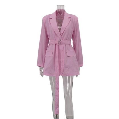 UNIKCOSA Women’s Pink Blazer Dress – Shoulder Padded Belted Ramie Cotton Long Sleeve Dress (Summer 2025 Edition)