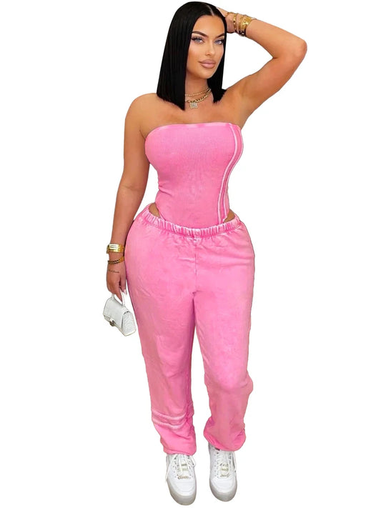UNIKCOSA’s 2025 Strapless Tracksuit Set — Cotton Washed Bodysuit + Jogger Pants
