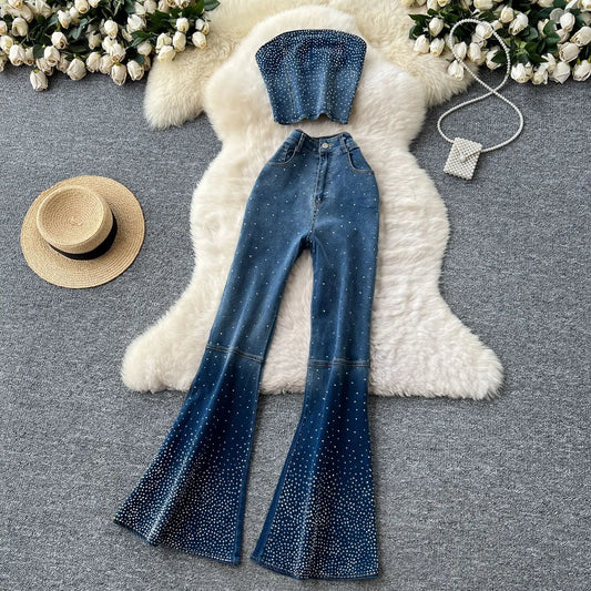 UNIKCOSA™ Diamond Denim 2-Piece Set – Sleeveless Crop Top & High-Waist Flare Pants | Sexy Slim Fit Women’s Matching Outfit