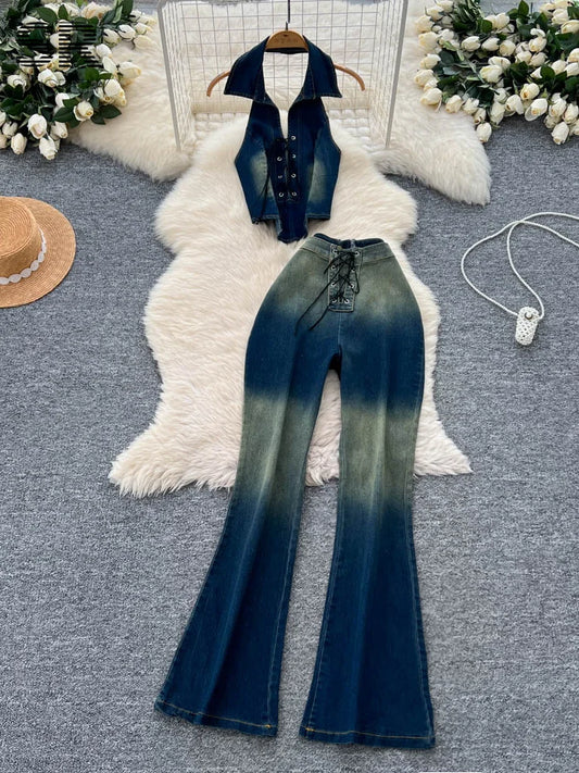 UNIKCOSA’s Retro Denim 2-Piece Set — Halter Crop Top + Lace-Up Skinny Jeans