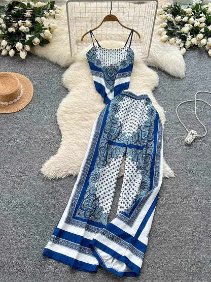UNIKCOSA’s Vintage Ethnic Print 2-Piece Set — Strapless Backless Top + Wide-Leg Pants