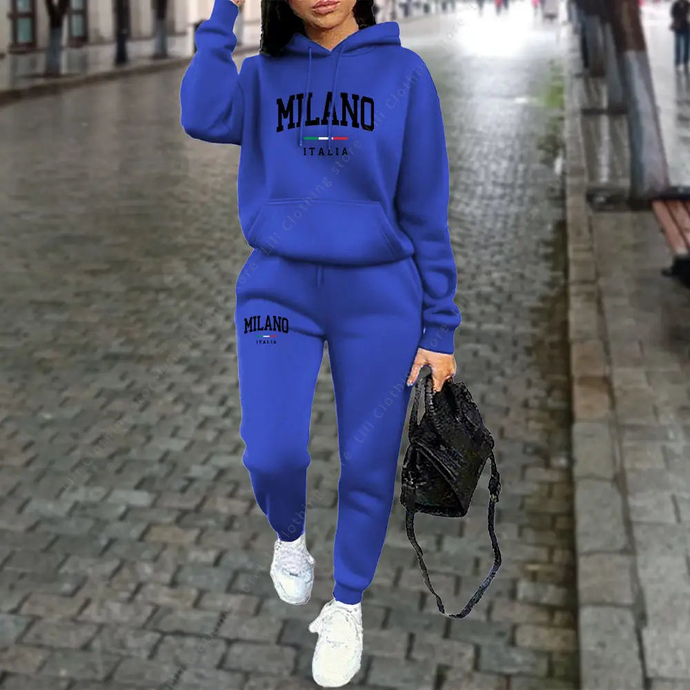 UNIKCOSA’s 2025 Milano Tracksuit — Letter Print Hoodie + Jogger Pants Set