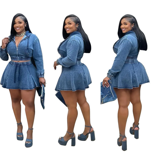 UNIKCOSA™ Denim Skirt 2-Piece Set – Hooded Zipper Top &amp; High-Waist A-Line Skirt | Women’s Y2K Streetwear Matching Outfit