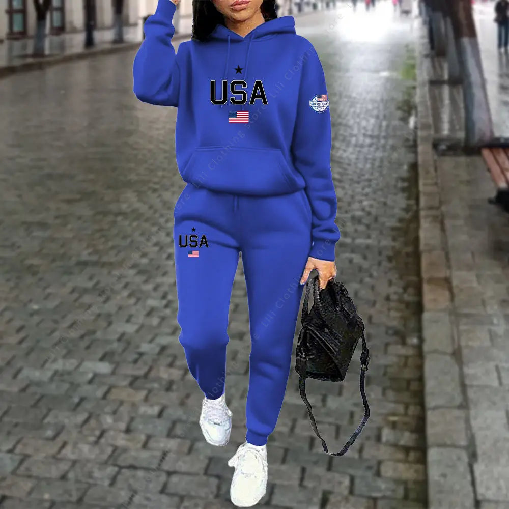 UNIKCOSA’s USA Letter Tracksuit — Hoodie + Jogger Pants 2-Piece Autumn/Winter Set