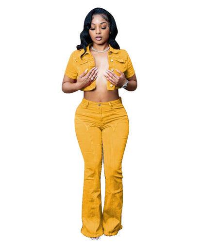 UNIKCOSA™ 2025 Denim 2-Piece Set – Short Sleeve Shirt & High-Waist Flare Pants | Women’s Y2K Streetwear Matching Outfit for Party & Club