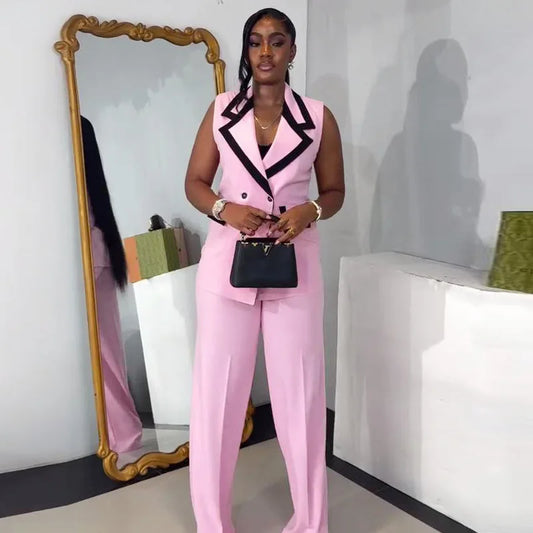 UNIKCOSA™ Pink 2-Piece Pant Set – Elegant Double-Breasted Vest Top & High-Waist Wide-Leg Pants | Women’s Y2K Work & Streetwear Outfit