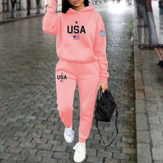 UNIKCOSA’s USA Letter Tracksuit — Hoodie + Jogger Pants 2-Piece Autumn/Winter Set