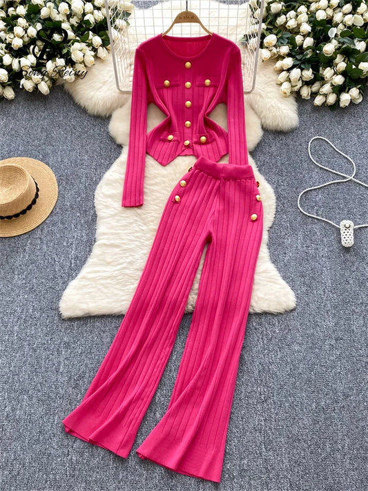 UNIKCOSA’s Winter Knit Suit — Button Pullover Sweater + Elastic Pants 2-Piece Set