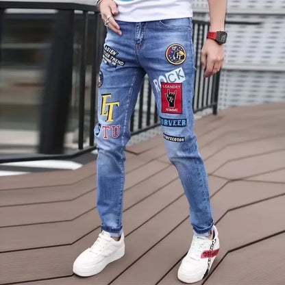 UNIKCOSA Men’s Washed Graphic Jeans – Slim Fit Stretch Streetwear Hip-Hop Trousers (Spring/Autumn Edition)
