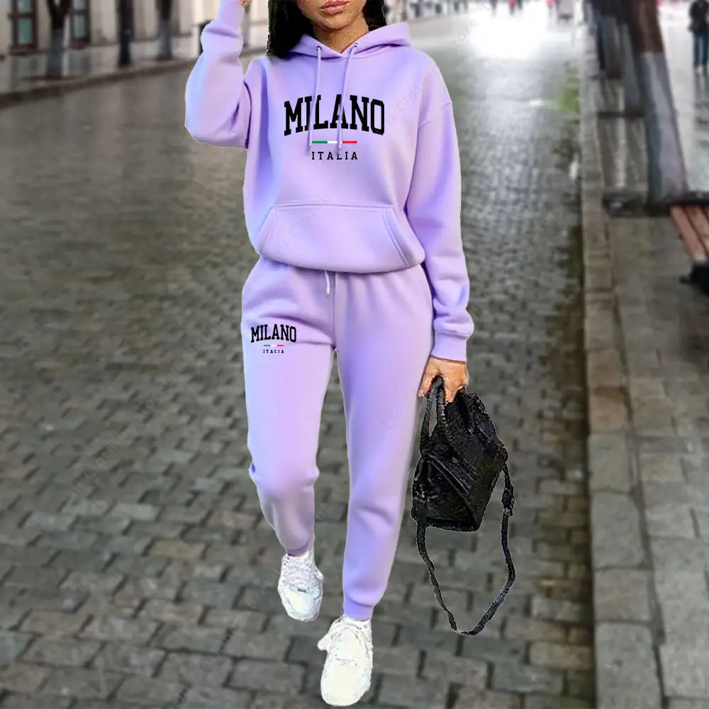UNIKCOSA’s 2025 Milano Tracksuit — Letter Print Hoodie + Jogger Pants Set