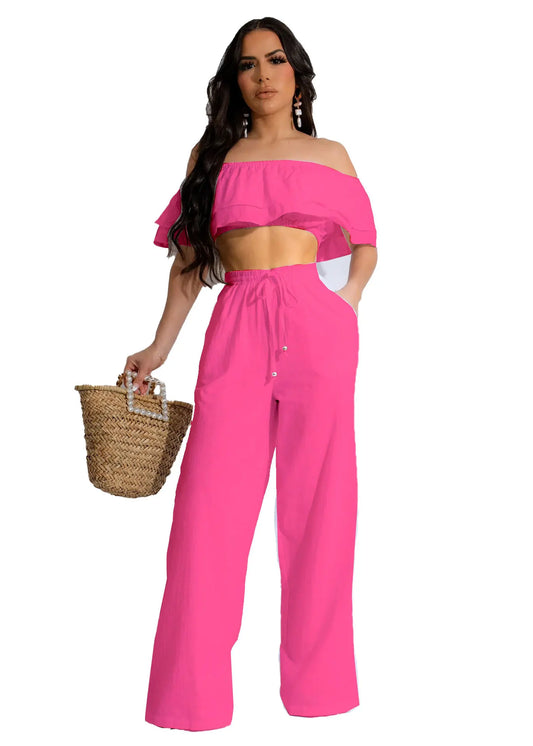 UNIKCOSA Women’s Ruffled Trousers Set – Two-Piece Casual Outfit with Top & Pants (Plus Size Available 2025 Edition)