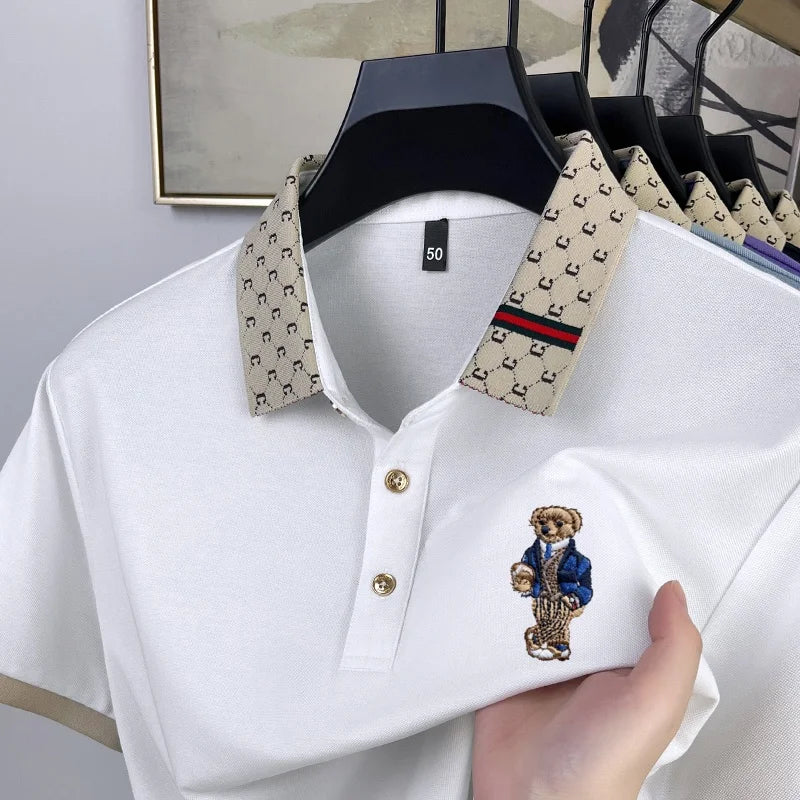 UNIKCOSA Men’s Teddy Bear Embroidered Polo – High Quality Cotton & Mulberry Silk Golf Business T-Shirt (Summer Edition)