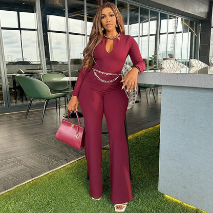 UNIKCOSA Velora Jumpsuit Wine Red O Neck Slim Fit Flared 💫
