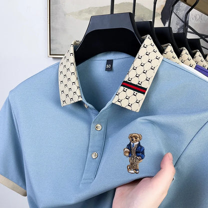 UNIKCOSA Men’s Teddy Bear Embroidered Polo – High Quality Cotton & Mulberry Silk Golf Business T-Shirt (Summer Edition)