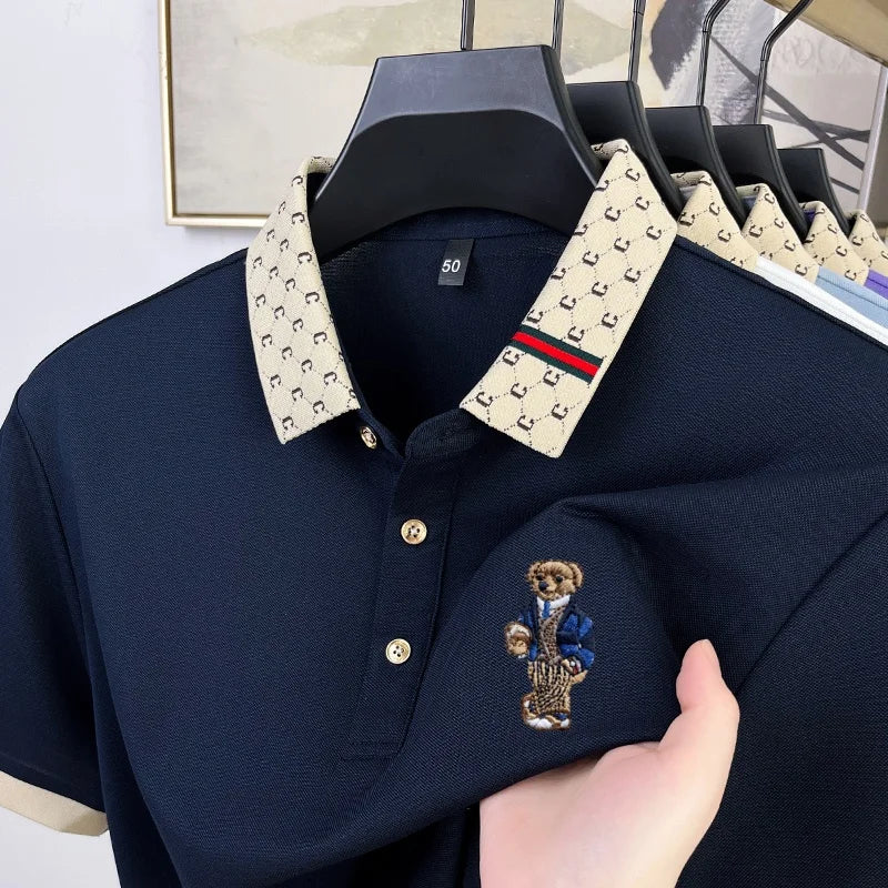 UNIKCOSA Men’s Teddy Bear Embroidered Polo – High Quality Cotton & Mulberry Silk Golf Business T-Shirt (Summer Edition)