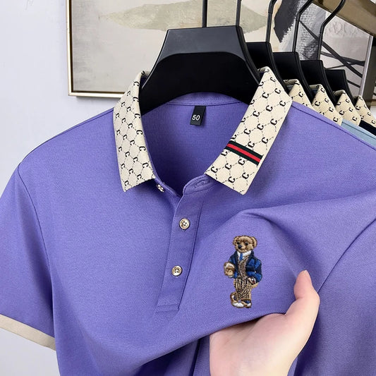 UNIKCOSA Men’s Teddy Bear Embroidered Polo – High Quality Cotton & Mulberry Silk Golf Business T-Shirt (Summer Edition)